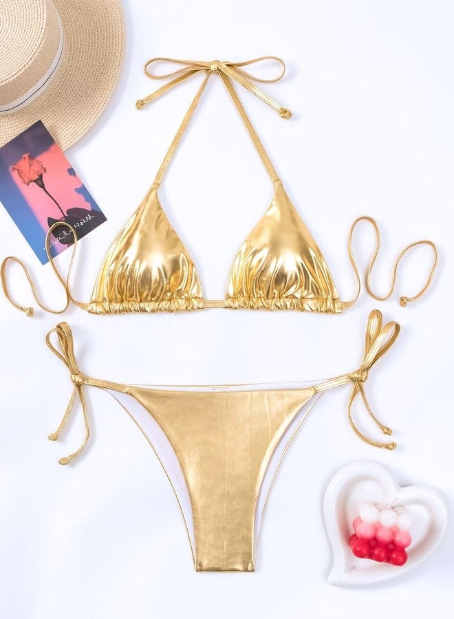 Falainetee Women's Metallic Shiny Bathing Suit High Waisted Triangle Tie Side Swimsuit Bikini Set Gold L - Image 5